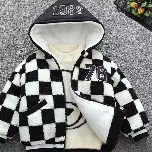 Checkered Zip-Up Hooded Sweater