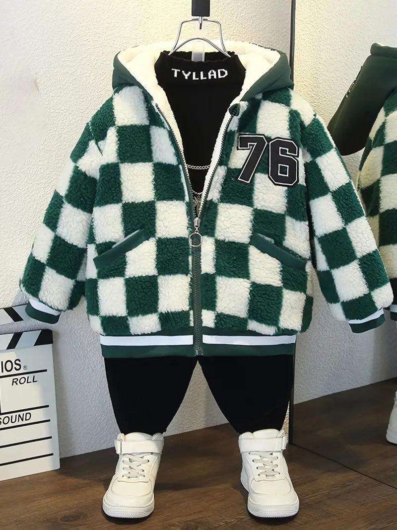 Checkered Zip-Up Hooded Sweater